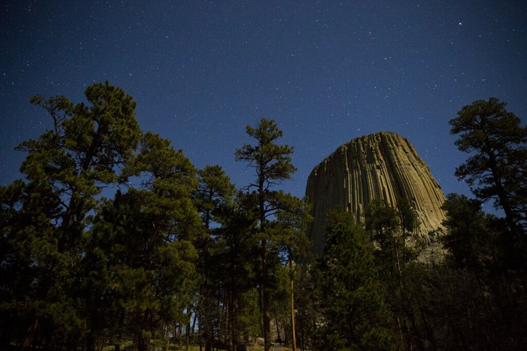 A starry night sky twinkles above the trees at Devils Tower National Monument. 