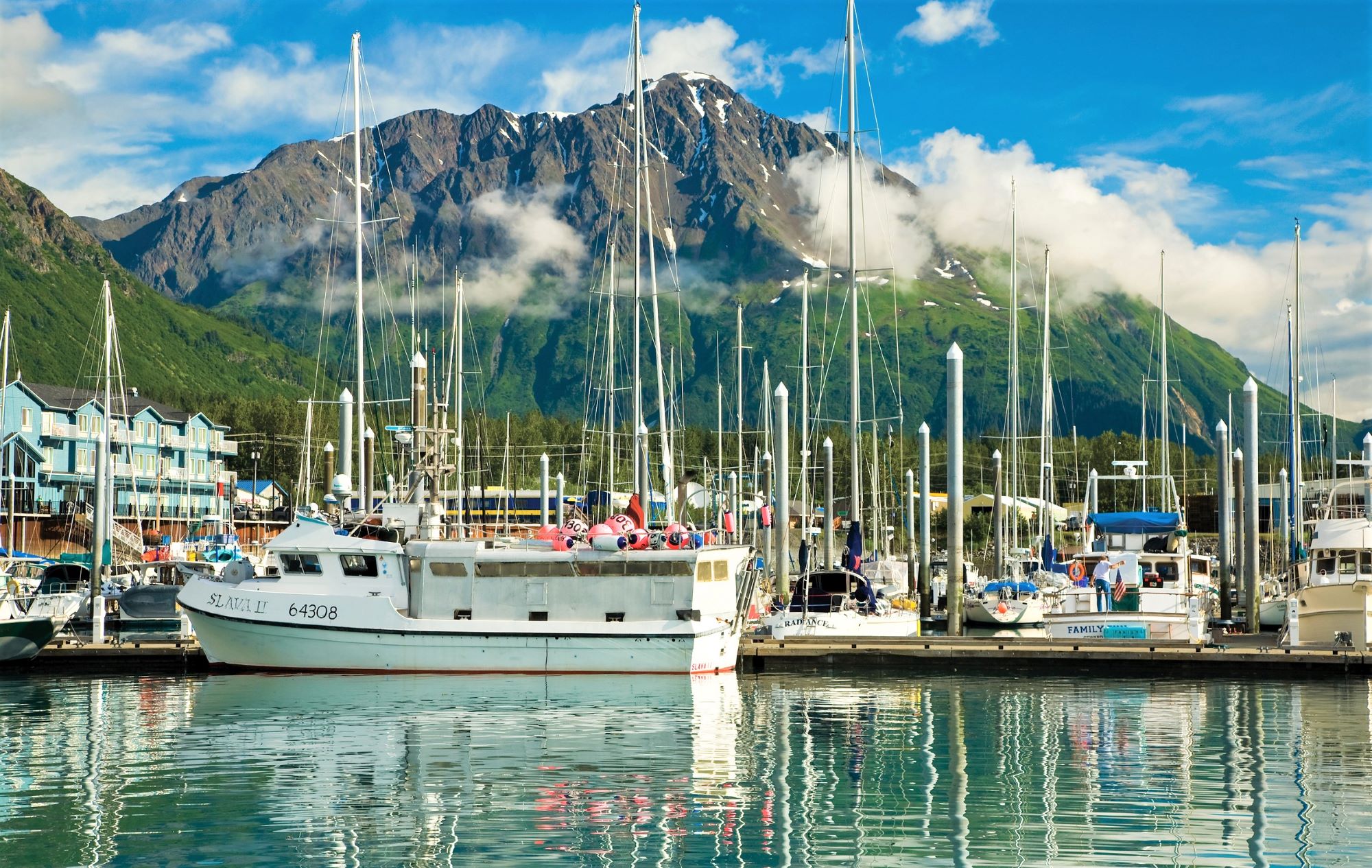 Views of fishing boats in the Seward Small Boat Harbor in Seward Alaska