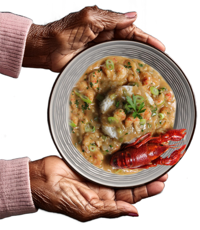 Hands Holding a Dish of Louisiana Crawfish Etouffee